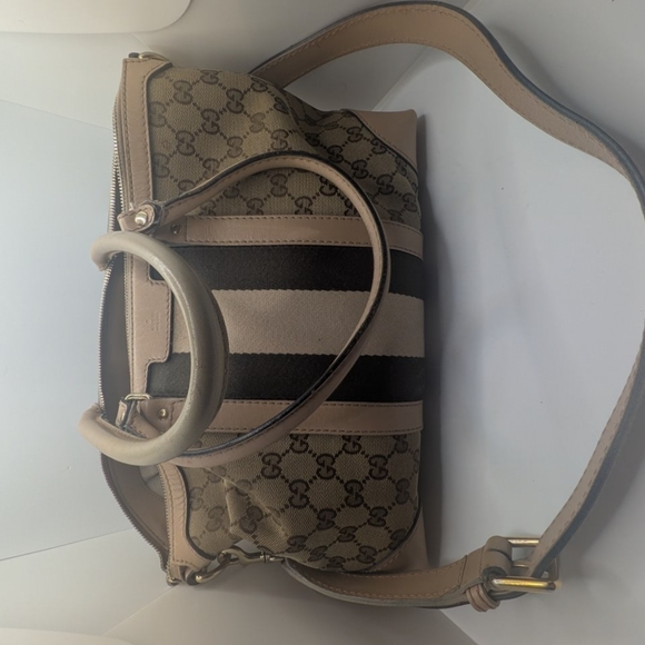 💢 Pristine💢 Gucci Beige And Brown Boston Canvas Stripe Satchel - Picture 9 of 9